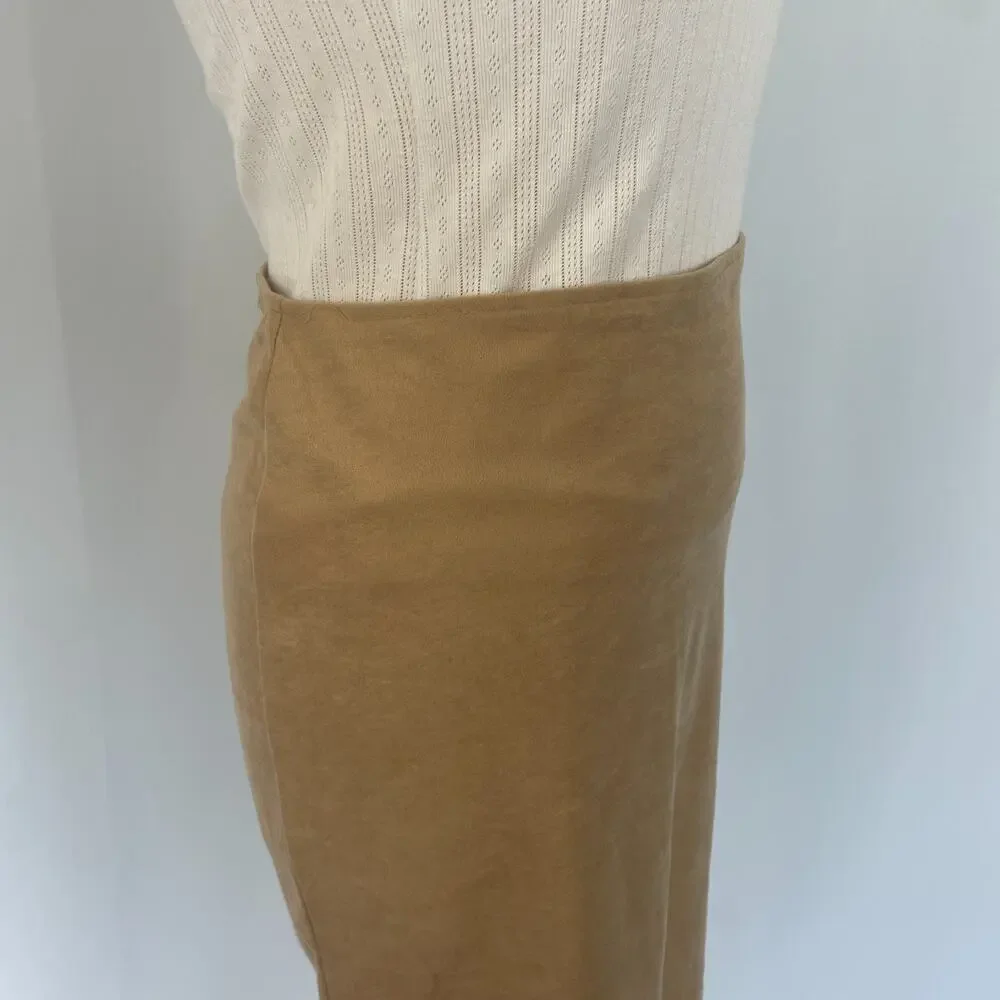Vintage Pencil Skirt Large Tan Brown Faux Suede Fringe Boho Stretch Rodeo Y2K